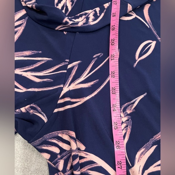 [XS]Tori Richards Honululu Navy and Pink Leaf Print Avery Wide Leg Jumpsuit - Picture 7 of 8